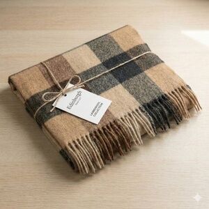 Edinburgh 100% Lambswool Scarf Large Check Plaid Tan Black OS
